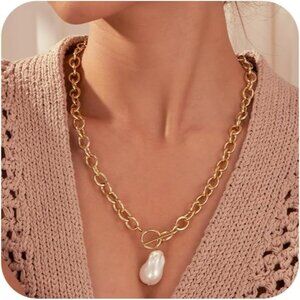 14K Gold  pearl-gd Plated Chunky Layered Necklace | Paperclip Herringbone Chain